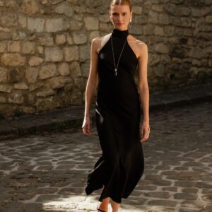 sautoir goutte larme pendentif en verre noir et chaine boules espacees doree a l or fin