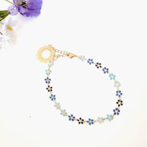 bracelet emaille camaieu de fleurs bleues style boheme fleuri